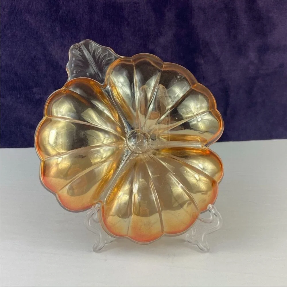 Jeannette Marigold Doric Shamrock, Clover Iridescent Carnival Glass Candy Dish